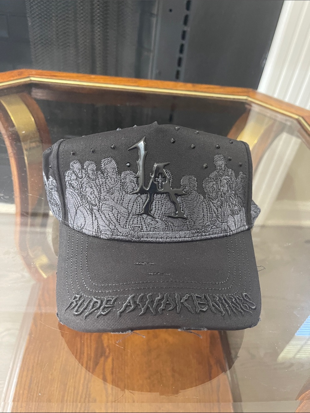 Black Embroidered Graphic Baseball Cap with Raised Logo